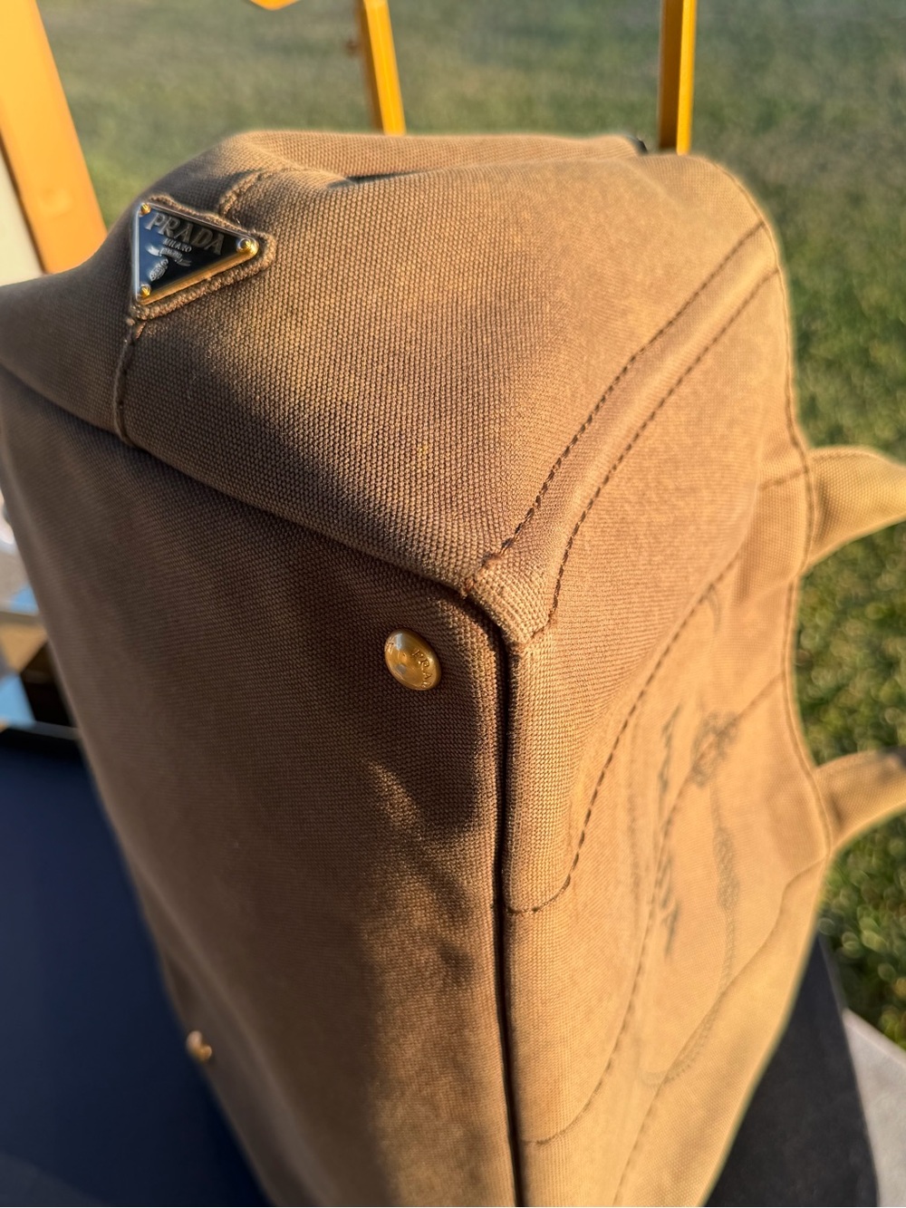 Prada taupe canvas tote with gold plaque - Picture 7 of 11
